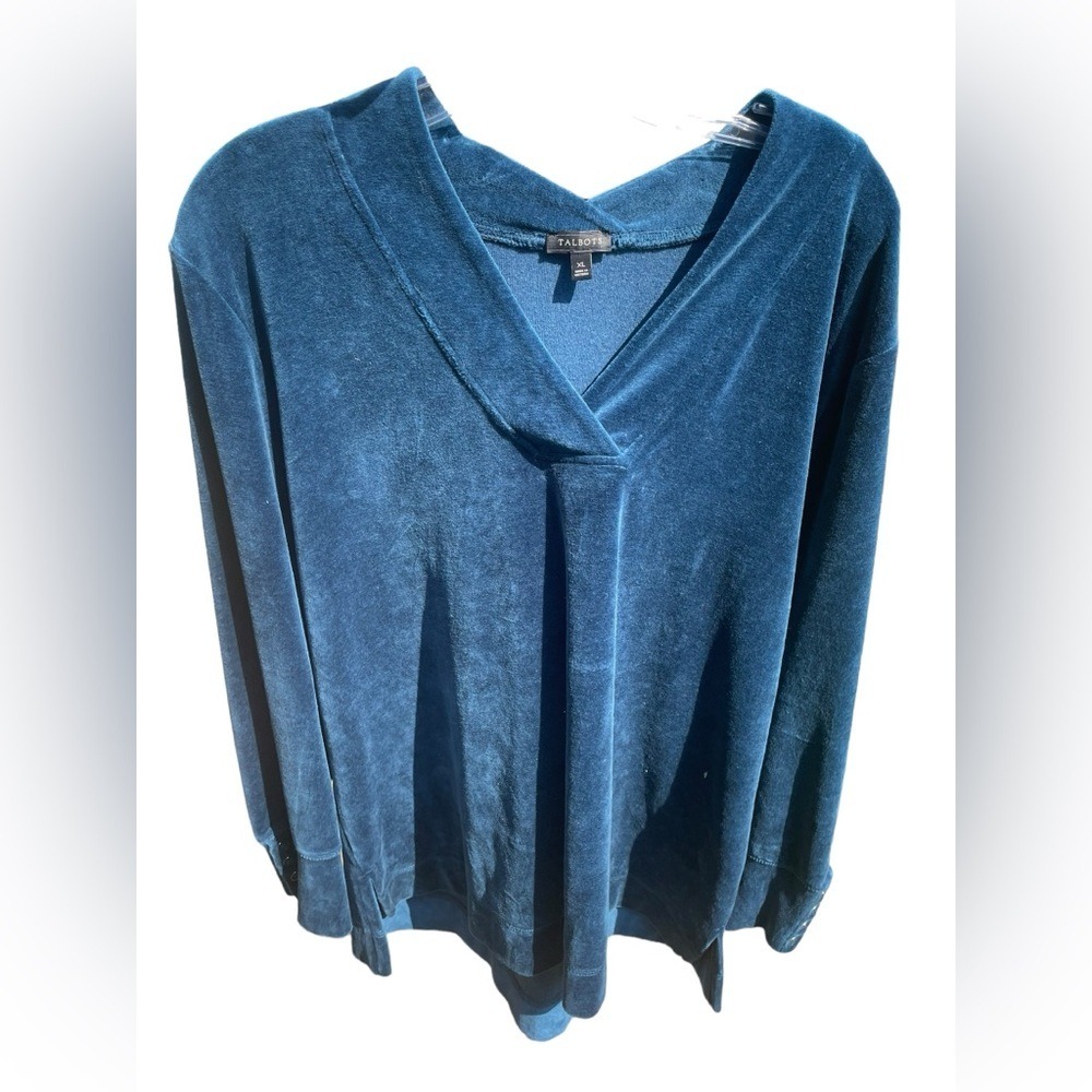 Talbots Teal Blue Velvet V Neck Long Sleeve Casual Pullover Top XL